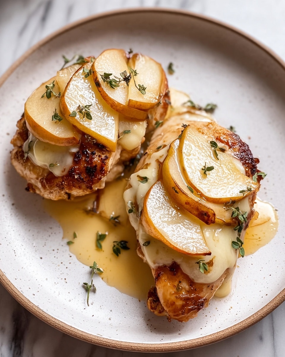 Two pieces of golden-brown cooked chicken sit on a round white plate with a light speckled rim. Each chicken piece is topped with a melted layer of creamy, slightly translucent cheese. On top of the cheese are several thin slices of cooked pear, light yellow with brown edges and a shiny glaze. Small green herb leaves are scattered over the pear slices, and a light sauce with a glossy texture pools slightly around the chicken pieces on the plate. The plate rests on a white marbled surface. photo taken with an iphone --ar 4:5 --v 7