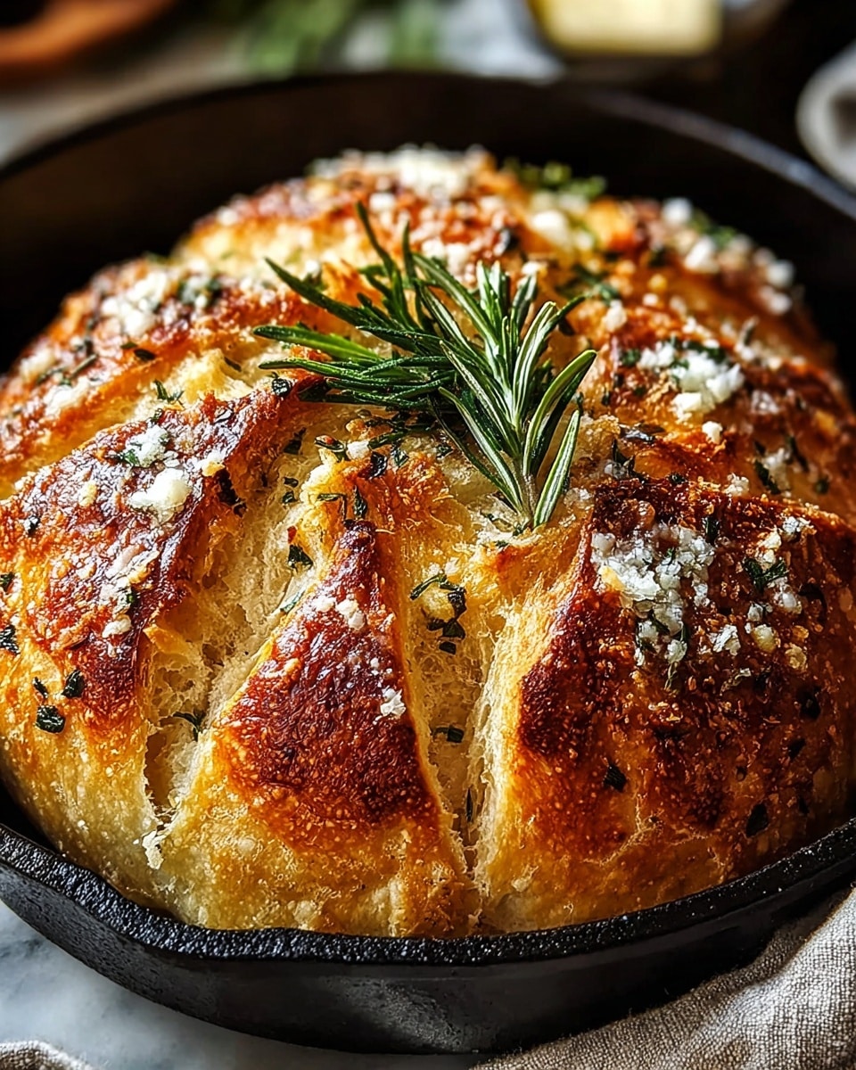A golden brown round bread loaf with deep curved cuts across the top, revealing soft, airy layers inside. The crust is crispy and sprinkled with coarse white cheese and fresh green rosemary leaves, with a small bunch of rosemary placed in the center. The bread sits in a dark cast iron pan, contrasting with the white marbled surface underneath, and the overall look is warm and rustic. photo taken with an iphone --ar 4:5 --v 7