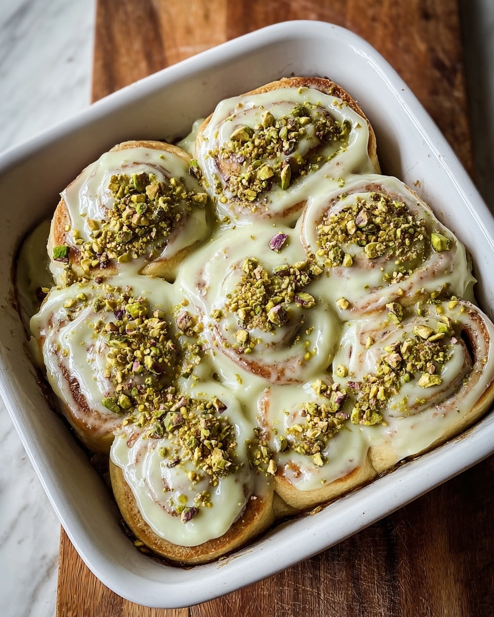 The image shows a white square baking dish filled with seven soft, golden-brown cinnamon rolls arranged close together in two rows. Each roll is thickly covered with a creamy, pale green icing that looks smooth and glossy. On top of the icing, there is a generous sprinkle of chopped pistachio nuts, adding texture and a mix of green and brown colors. The baking dish sits on a wooden surface, but the background should be imagined as a white marbled texture. photo taken with an iphone --ar 4:5 --v 7