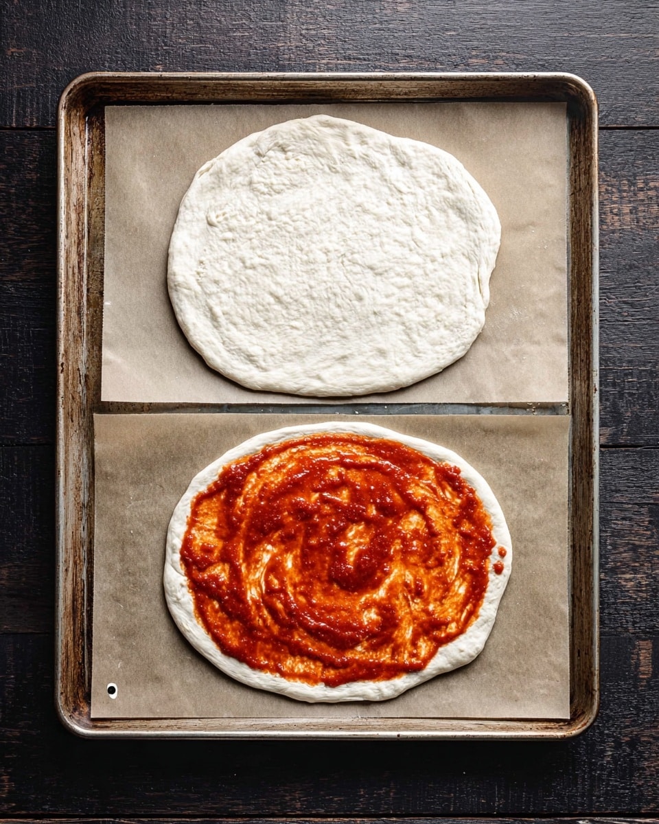 The image shows two stages of making a pizza on a baking tray lined with parchment paper. On the left, there is one layer of dough, shaped unevenly with a smooth white texture and some air bubbles visible on the surface. On the right, the same dough is covered with a thick, bright red tomato sauce, spread unevenly, showing both smooth and chunky textures in swirls, leaving a small border of plain dough around the edges. The baking tray is set on a dark wooden surface. photo taken with an iphone --ar 4:5 --v 7