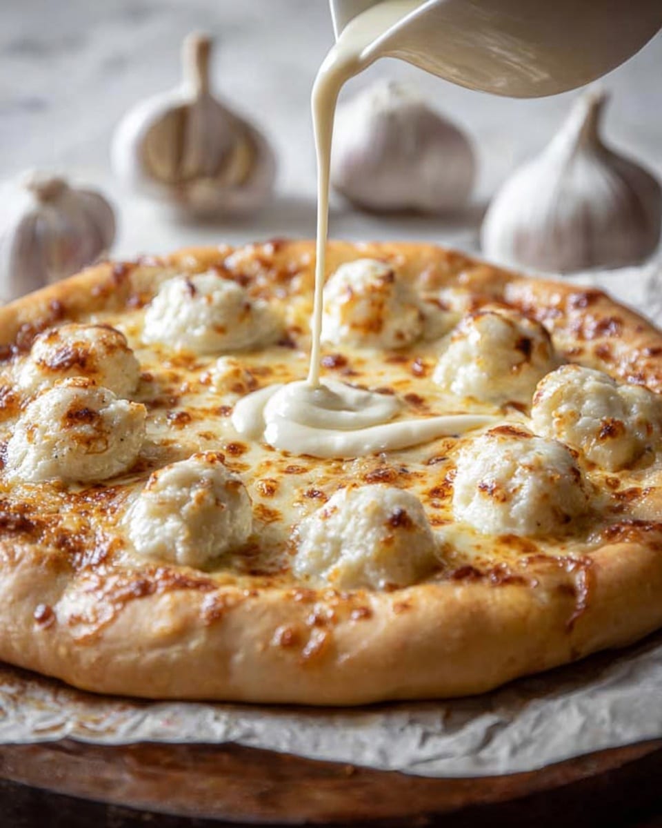 A close-up of a thick, round pizza with a thick, fluffy crust placed on parchment paper over a wooden board, all set on a white marbled texture. The pizza has a golden-brown baked base with melted cheese layer that looks creamy and slightly browned in spots. On top, there are eight evenly spaced clumps of white, creamy dollops that look smooth and soft. In the center, a stream of more creamy white sauce is being poured from above, adding a shiny, thick layer in the middle. In the background, whole garlic bulbs are softly out of focus. Photo taken with an iphone --ar 4:5 --v 7