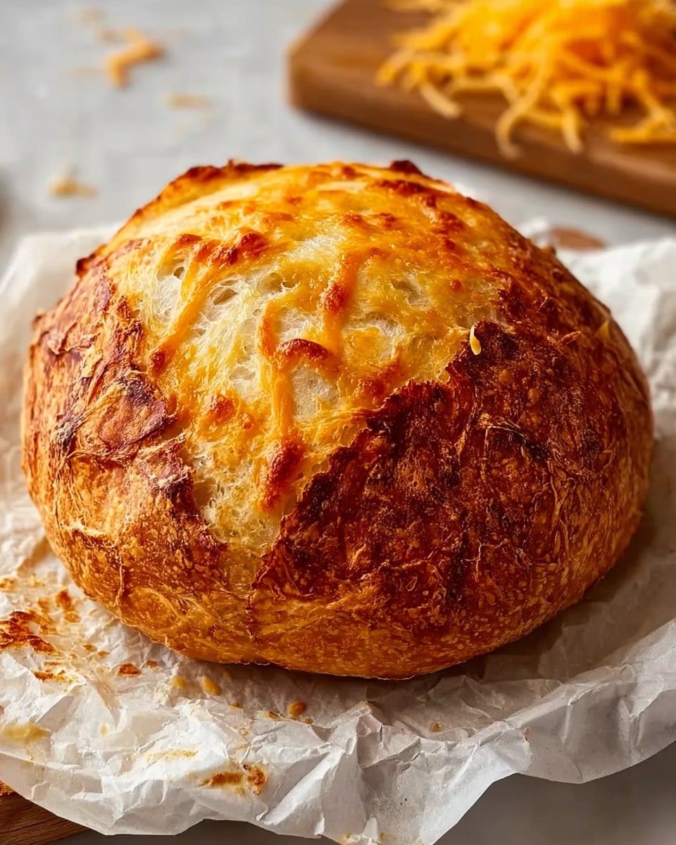 A round loaf of bread with a golden-brown crust sits on crumpled white parchment paper, with melted and slightly browned cheese baked onto the top surface. The crust shows crispy textures with darker brown spots and a rough, crunchy look, while the exposed inner part reveals soft, airy, and light cream-colored bread. In the background, there is a wooden board with shredded cheese scattered on it, all placed on a white marbled surface. photo taken with an iphone --ar 4:5 --v 7