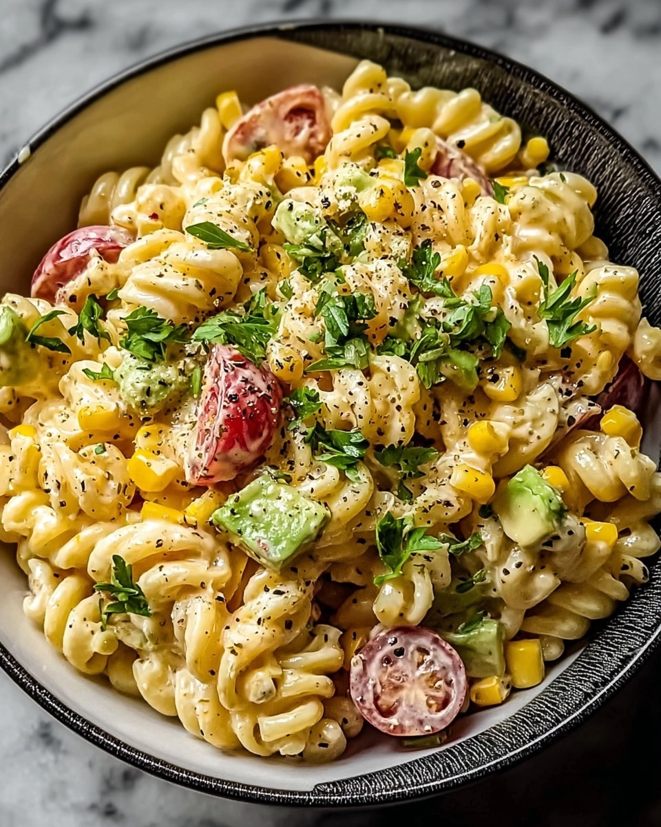 A bowl filled with twisted pasta coated in a creamy light yellow sauce, mixed with bright yellow corn kernels and small pieces of green avocado. There are also halved cherry tomatoes with reddish-pink skins and a scattering of green herb leaves on top, likely parsley, with visible black pepper grains sprinkled over everything. The bowl itself is white with a dark textured rim and sits on a white marbled textured surface. photo taken with an iphone --ar 4:5 --v 7