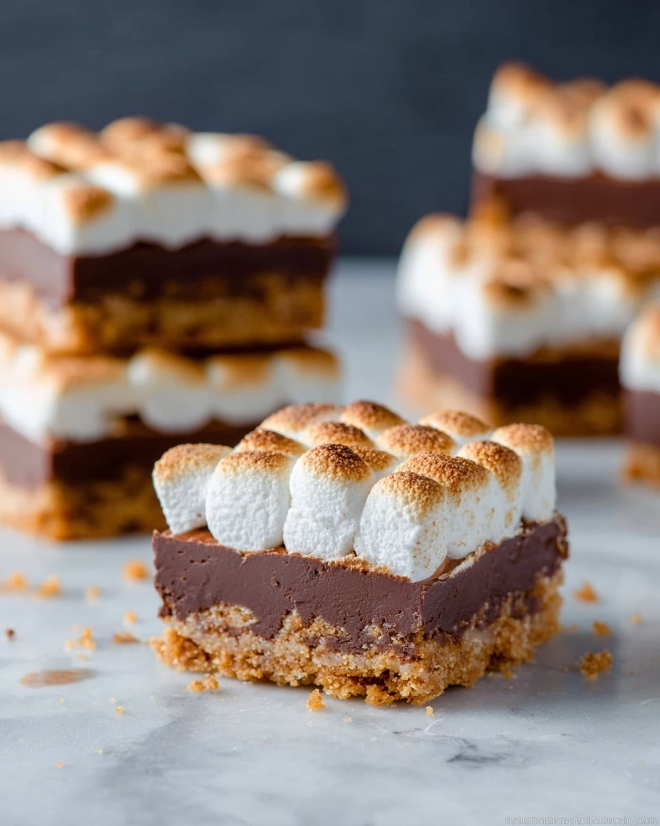 The image shows a close-up of several square layered desserts on a white marbled surface. Each square has three distinct layers: a crumbly golden brown crust at the bottom, a thick and smooth middle layer of rich dark chocolate, and a top layer of fluffy, lightly toasted marshmallows with a slightly browned, bubbly texture. The front dessert square is separated from the stack of three similar squares behind it, and a few more squares are blurred in the background, set on the same white marbled texture. Small crumbs from the crust are scattered around the desserts. photo taken with an iphone --ar 4:5 --v 7