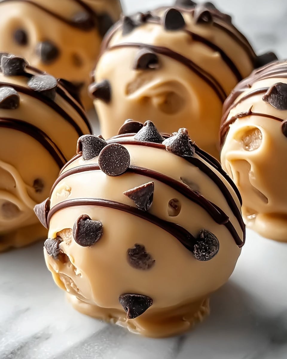 The image shows round truffles coated in smooth light brown chocolate, each decorated with several dark chocolate chips embedded and drizzled with thin lines of dark chocolate on top. The truffles have a shiny and slightly uneven surface, giving a rich texture. They are placed closely together on a white marbled surface with soft light coming from the side, highlighting the creamy and glossy layers of the chocolate. photo taken with an iphone --ar 4:5 --v 7