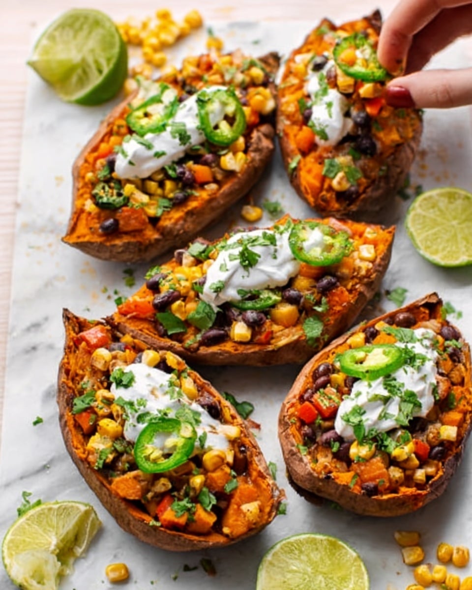 The image shows four baked sweet potatoes arranged on a white marbled surface, each cut open lengthwise and filled with grilled corn kernels, black beans, diced orange bell peppers, and slices of green jalapeño peppers. The filling is topped with dollops of white sour cream and sprinkled with chopped fresh green herbs. Small wedges of lime are scattered around the potatoes, and some grilled corn kernels sit nearby. A woman's hand is holding one edge of a sweet potato, gently lifting it. The colors are warm and inviting, with orange, yellow, green, brown, and white tones clearly visible. Photo taken with an iphone --ar 4:5 --v 7