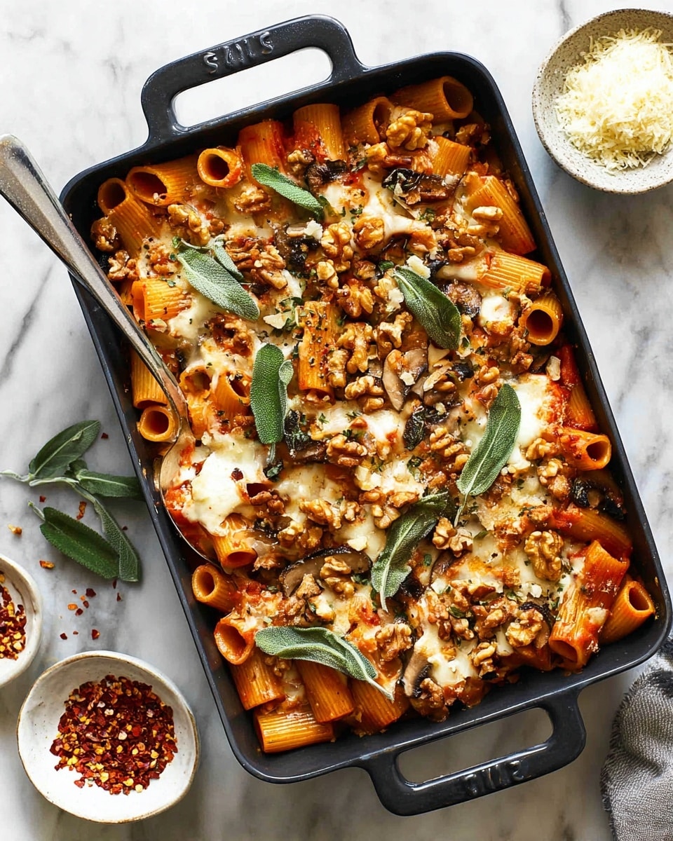 A black rectangular baking dish is filled with a hearty pasta bake, featuring three main layers: the bottom layer is orange-red sauce-coated rigatoni pasta; the middle layer shows melted white cheese blending into the pasta; on top, there are chopped toasted walnuts scattered evenly with whole fresh green sage leaves, adding texture and pops of green. Small slices of browned mushrooms and bits of herbs are visible throughout, while a silver spoon rests inside the dish on the left. Around the dish, a white marbled surface holds a small white bowl with red chili flakes and another small bowl with grated cheese, some cheese sprinkled lightly nearby. photo taken with an iphone --ar 4:5 --v 7