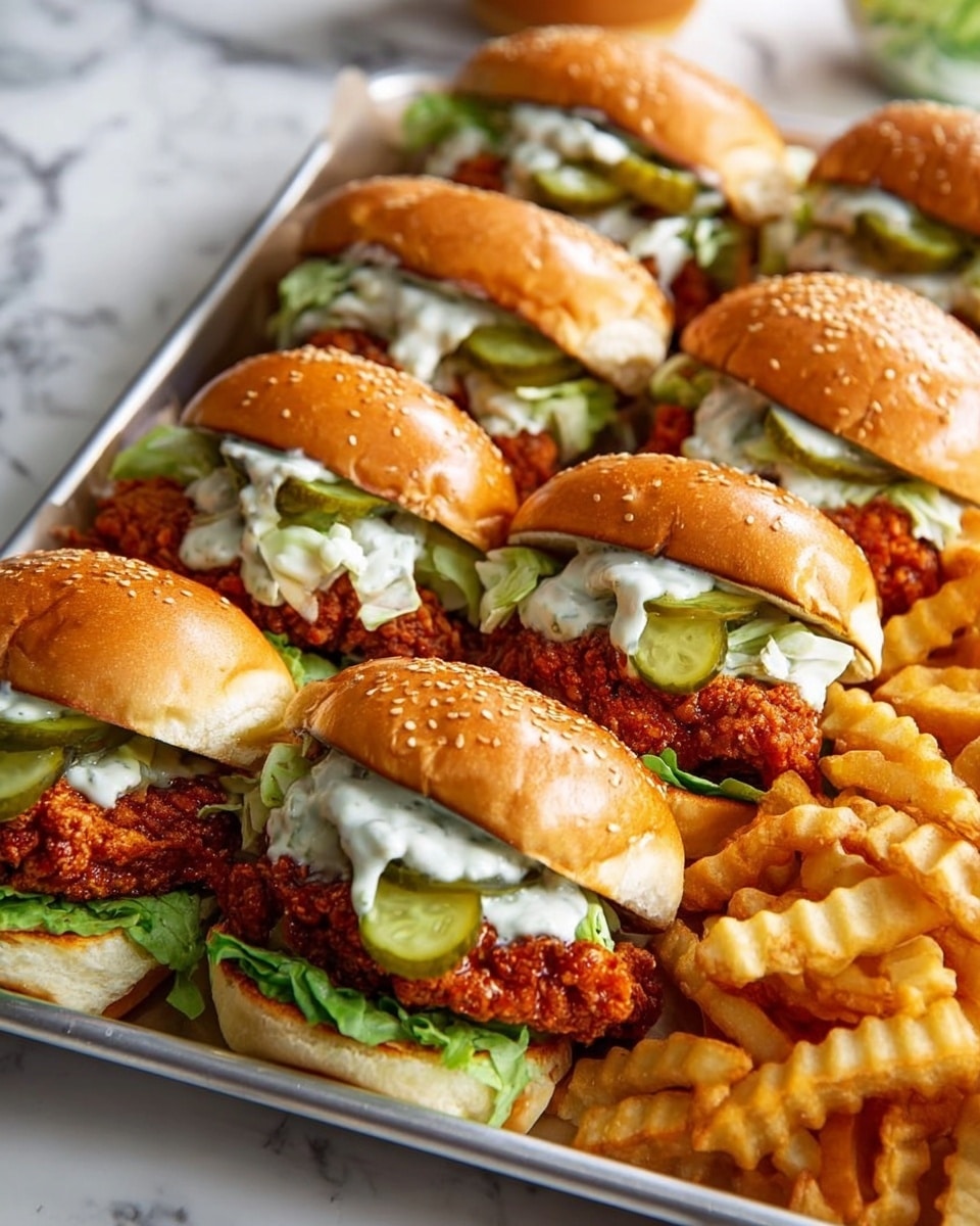 The image shows eight fried chicken sandwiches arranged closely together on a metal tray over a white marbled surface. Each sandwich has three layers: a top golden-brown toasted bun with a slightly shiny texture and light seeds sprinkled, a middle layer of crispy, reddish-brown fried chicken topped with white creamy sauce drizzled unevenly and pale green pickle slices, and a bottom layer of bright green leafy lettuce sitting on a soft white bun. On the right side of the tray is a pile of golden, crinkled fries. Photo taken with an iphone --ar 4:5 --v 7