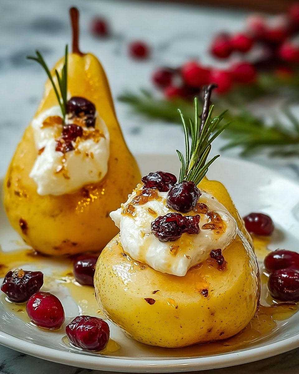 The image shows two halves of a golden-yellow pear placed on a white plate with a shiny surface. Each pear half has a smooth, moist texture with small brown spots and a glossy look from syrup or honey drizzled over them. On top of each pear half is a dollop of soft, white cream or cheese. This is garnished with dark red berries and small brown crumbs scattered on the cream and pear. A small green rosemary sprig sticks upright from the cream on each pear. The background is a white marbled texture with some red berries and green rosemary blurred in the distance. photo taken with an iphone --ar 4:5 --v 7