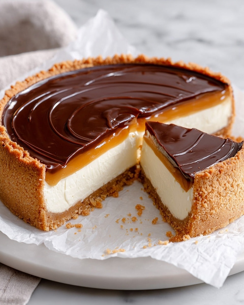 This image shows a round tart on a white plate lined with parchment paper, placed on a white marbled surface. The tart has four visible layers: the bottom layer is a golden brown crumbly crust. Above that is a thick, creamy white layer of filling. On top of the white layer is a smooth, glossy light brown caramel layer. The top layer is a shiny dark brown chocolate glaze with subtle swirls. A slice has been cut and placed slightly away from the tart, showing all the layers clearly. The edges of the tart crust are thick and crumbly, and there are a few crumbs scattered on the parchment paper. Photo taken with an iphone --ar 4:5 --v 7