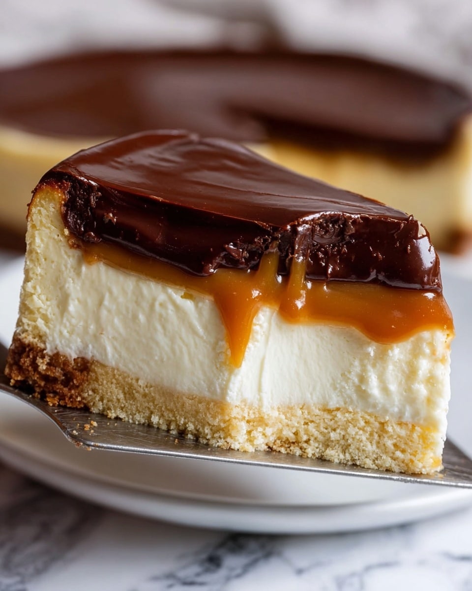 A slice of cheesecake with four distinct layers is shown on a metal spatula. The bottom layer is a light golden, crumbly crust. Above that is a thick, creamy white cheesecake layer that looks smooth and dense. The third layer is a thin, shiny caramel layer with a rich golden-brown color. The topmost layer is a thick, glossy dark chocolate ganache, evenly spread and slightly dripping on the edges. The slice is held above a white plate, and the background surface is a white marble texture. Photo taken with an iphone --ar 4:5 --v 7