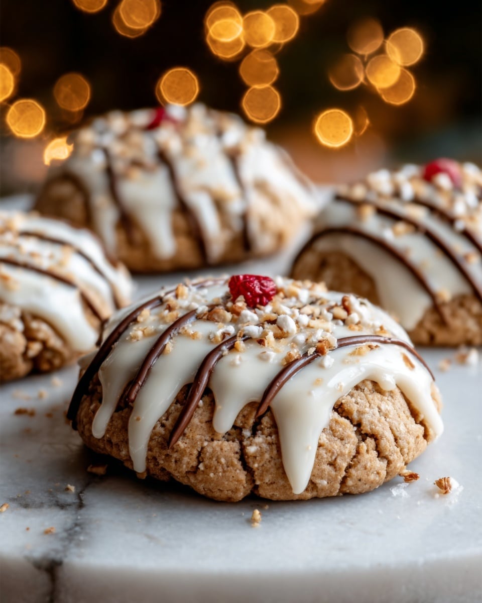 The image shows four thick cookies placed on a white marble surface, each cookie topped with a thick layer of white icing that drips slightly over the edges. The icing is decorated with thin stripes of chocolate drizzle and small bits of nuts sprinkled on top. One cookie in the front center has a small red piece, possibly a nut or candy, adding a pop of color. The cookies have a rough, crumbly texture and a light brown color. The background features warm, blurred golden lights creating a cozy atmosphere. Photo taken with an iphone --ar 4:5 --v 7