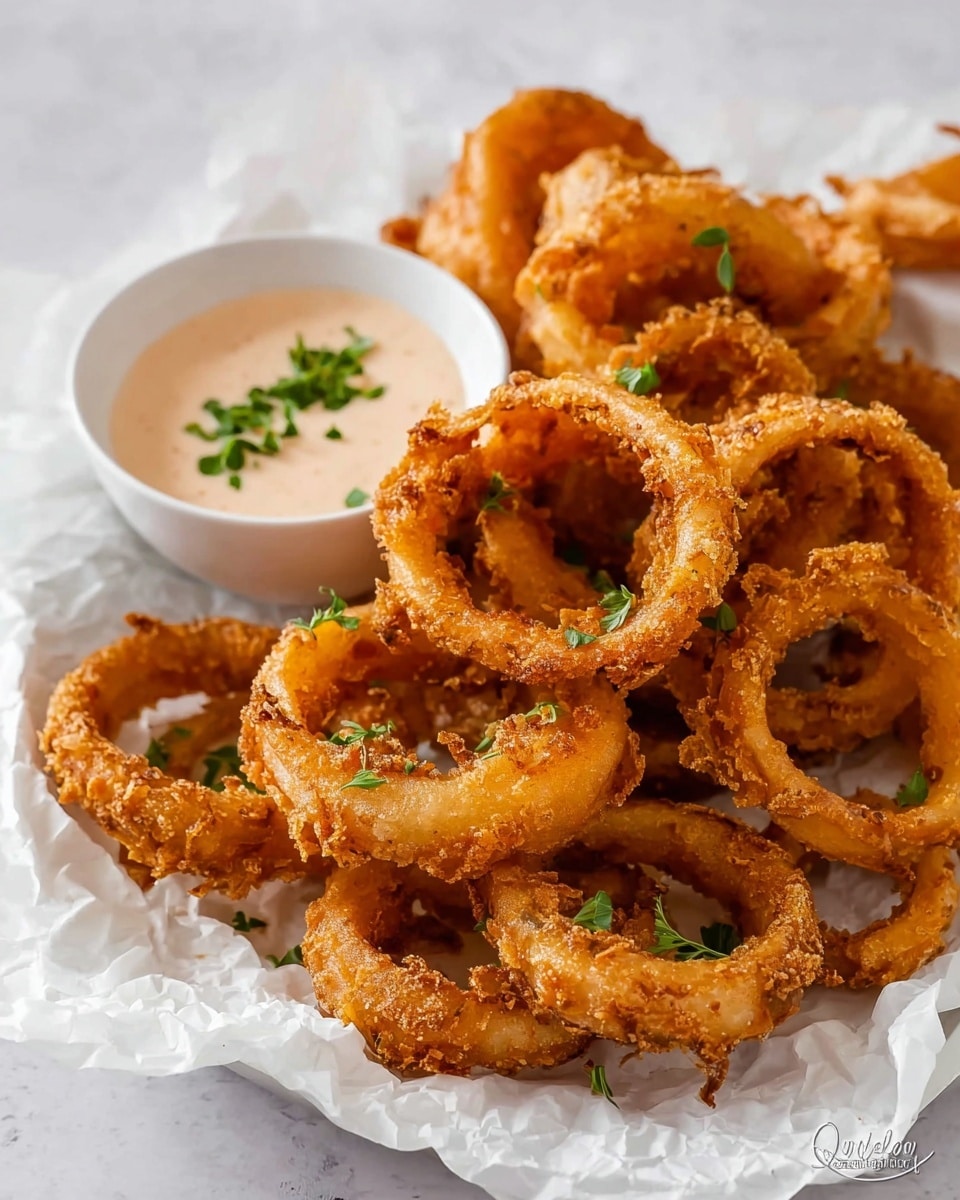 A white plate holds a pile of crunchy golden-brown onion rings with a rough, crispy texture and varied shapes and sizes. Some onion rings have small green herb leaves sprinkled on them for a touch of color. Next to the pile is a small white bowl filled with creamy, light-colored dipping sauce topped with finely chopped green herbs. The plate rests on white crumpled parchment paper placed on a white marbled surface. photo taken with an iphone --ar 4:5 --v 7