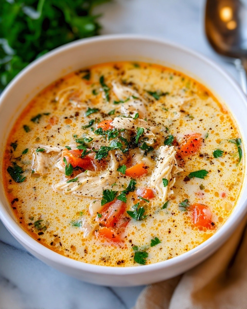 A bowl of creamy soup filled with multiple layers: the base layer is a rich, creamy orange broth speckled with small oil droplets, mixed with bright red tomato chunks and soft white chicken pieces. On top, fresh green parsley leaves are scattered, with a light sprinkle of black pepper adding small dark spots throughout. The soup is served in a plain white bowl resting on a white marbled surface, with some green parsley leaves blurred in the background and a gold-colored spoon partially visible on the side. photo taken with an iphone --ar 4:5 --v 7