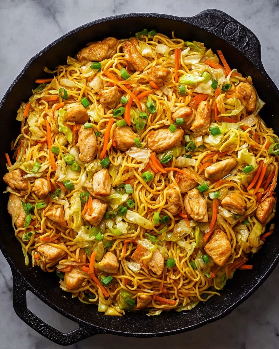 A black pan filled with a stir-fry of yellow cooked noodles mixed with medium-sized golden brown chicken chunks, thin bright orange carrot strips, light green cabbage pieces, and small green onion slices scattered on top. The noodles create a thick bottom layer intertwined with vegetables and chicken, making the dish look colorful and fresh. The background is a white marbled texture. photo taken with an iphone --ar 4:5 --v 7
