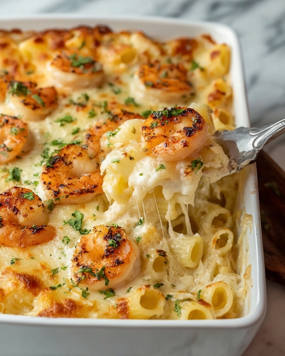 The dish shows a white rectangular baking dish filled with baked pasta and shrimp in one layer. The bottom layer is made of light beige rigatoni pasta, covered evenly with a creamy, melted cheese sauce in pale yellow-white color that looks smooth and thick. On top, there are medium-sized, sautéed shrimp with a golden orange-brown sear and a slightly crispy texture, scattered across the surface. Small green parsley leaves are sprinkled on top, adding a touch of green color. A fork lifts a portion, revealing the cheesy sauce stretching slightly and some pasta underneath. The dish sits on a white marbled textured surface. Photo taken with an iphone --ar 4:5 --v 7