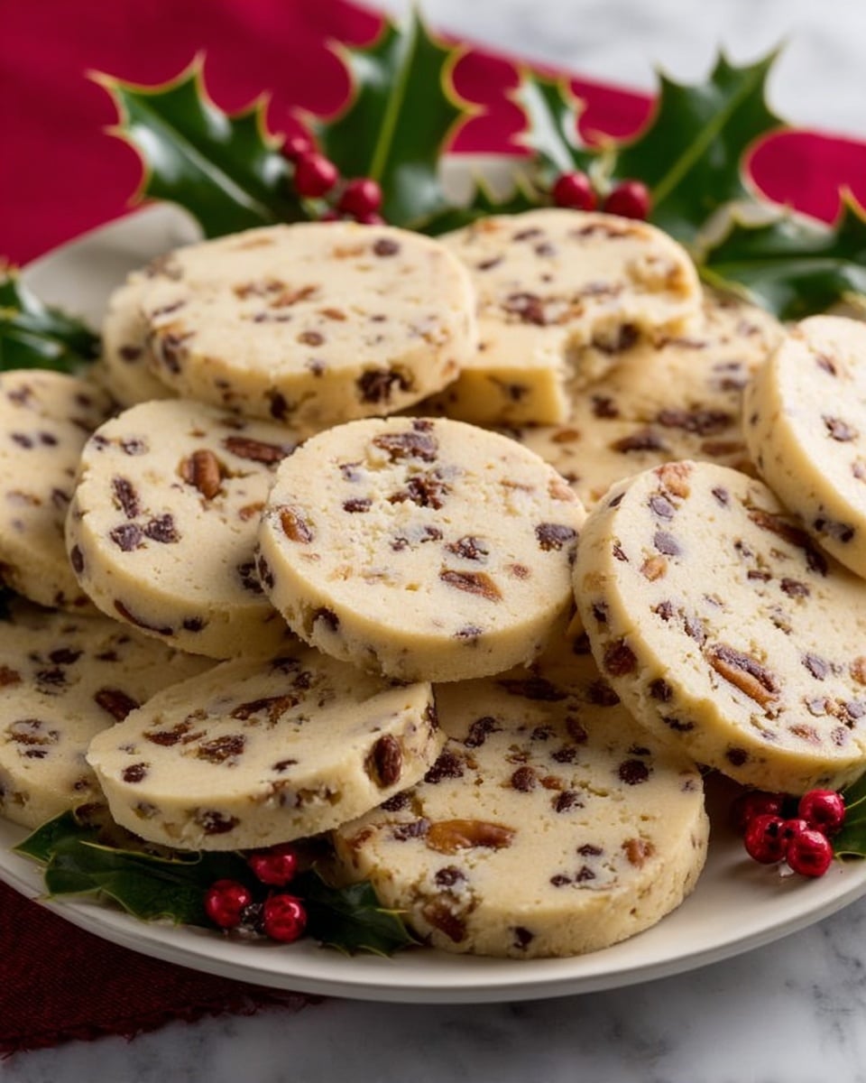 A white plate holding a single layer of round shortbread cookies filled with small chocolate chips and bits of nuts, each cookie pale beige with darker brown spots, arranged close together covering the plate. On the right side of the plate, there are green holly leaves with red berries overlapping the plate edge. The plate rests on a white marbled surface. photo taken with an iphone --ar 4:5 --v 7