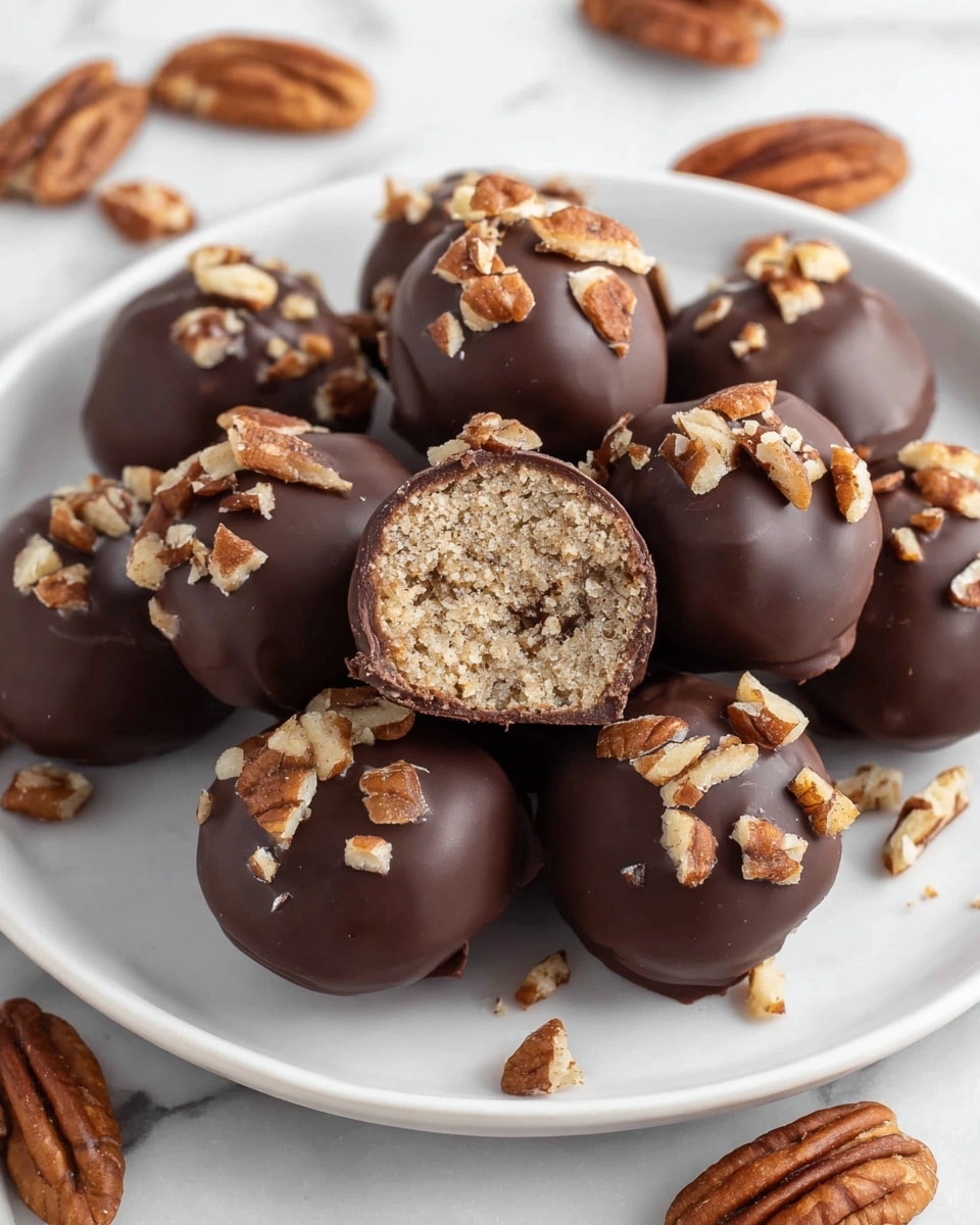 A white plate is filled with round chocolate-covered balls topped with pieces of light brown pecans, each ball showing a smooth, dark brown chocolate outer layer. In the center, one of the balls is cut in half, showing a textured inside layer of light golden brown crumbly filling mixed with tiny pecan bits. Whole and broken pecans are scattered around the plate on a white marbled surface. The arrangement highlights the contrast between the dark chocolate coating and the pale nutty interior photo taken with an iphone --ar 4:5 --v 7