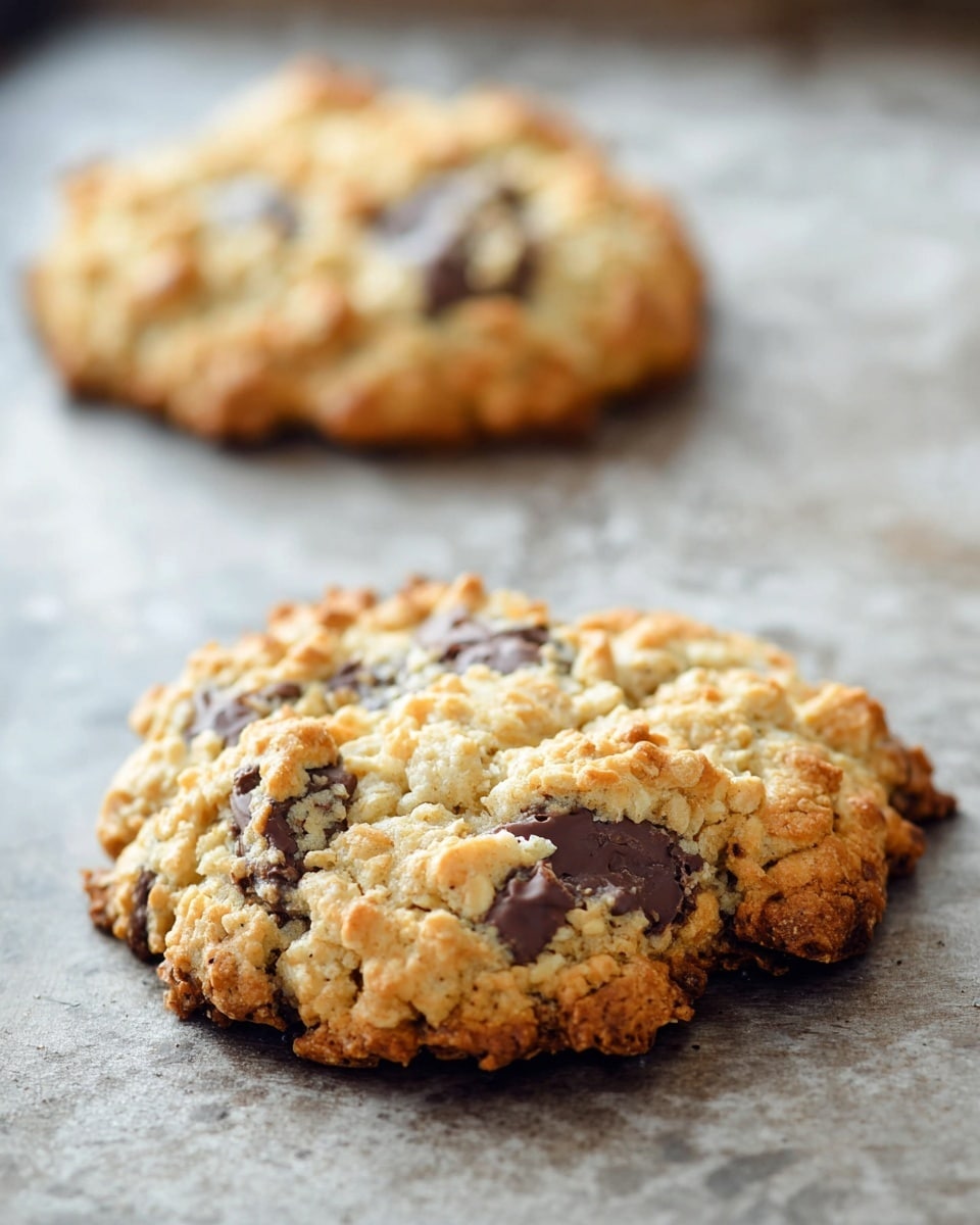 Two oatmeal chocolate chip cookies lie on a dark baking tray, each cookie having a rough, uneven surface with a mix of light golden brown and creamy oat textures, scattered with dark chocolate chunks. The front cookie is in focus showing a crumbly, soft texture with oats and melted chocolate visible, while the cookie behind is slightly blurred. The background has a soft natural light effect. photo taken with an iphone --ar 4:5 --v 7