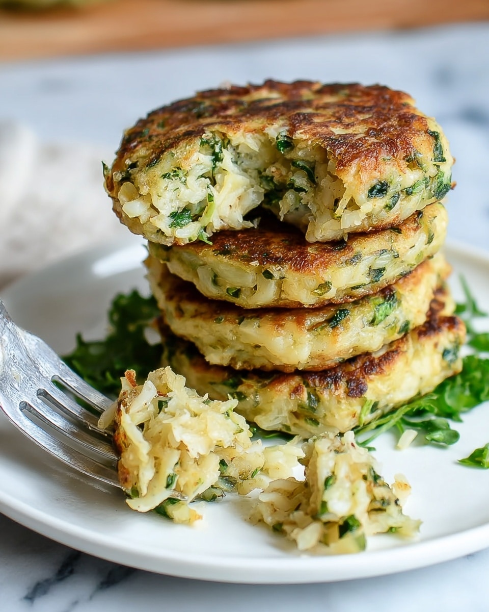 The image shows a white plate with a stack of four golden-brown vegetable patties, each about one layer thick and round in shape. The patties have a textured surface with bits of green leafy vegetables and shredded white potato or similar inside, creating a mix of pale yellow and green colors with a slightly crispy look on top. One patty is cut open to show the soft inside, containing the same green and white mix, while a metal fork holds a small piece of the cut patty in the foreground. The plate rests on a white marbled surface with a soft focus background. photo taken with an iphone --ar 4:5 --v 7