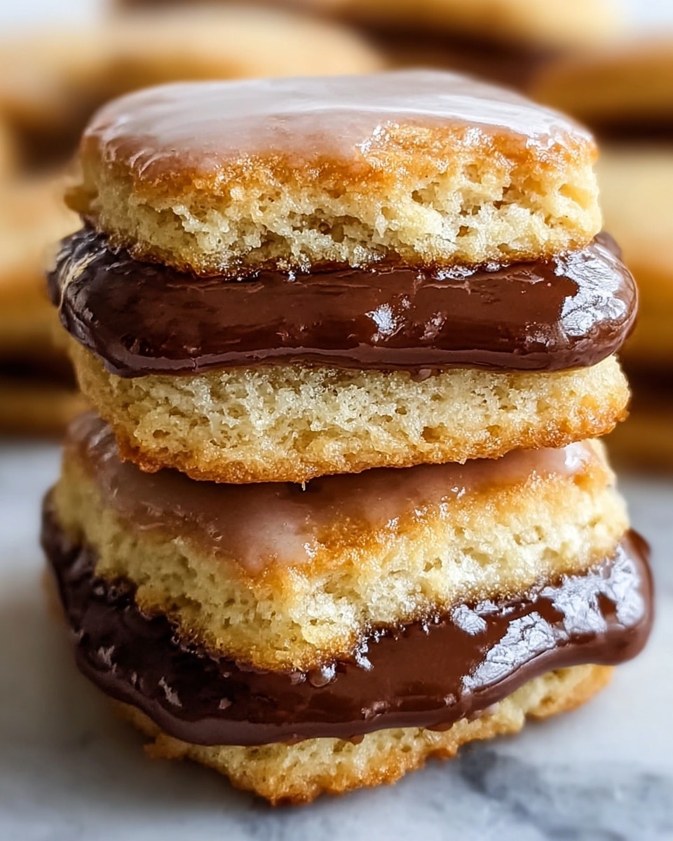 The image shows a close-up of two stacked cookies with a glossy light brown icing layer on top, which looks smooth and shiny. Each cookie has two layers of soft, light golden dough with a thick, dark chocolate filling between them, visible through a bite taken out of the top cookie. The cookies have a slightly raised texture with some uneven edges. They are placed on a white marbled surface with more cookies blurred in the background. photo taken with an iphone --ar 4:5 --v 7
