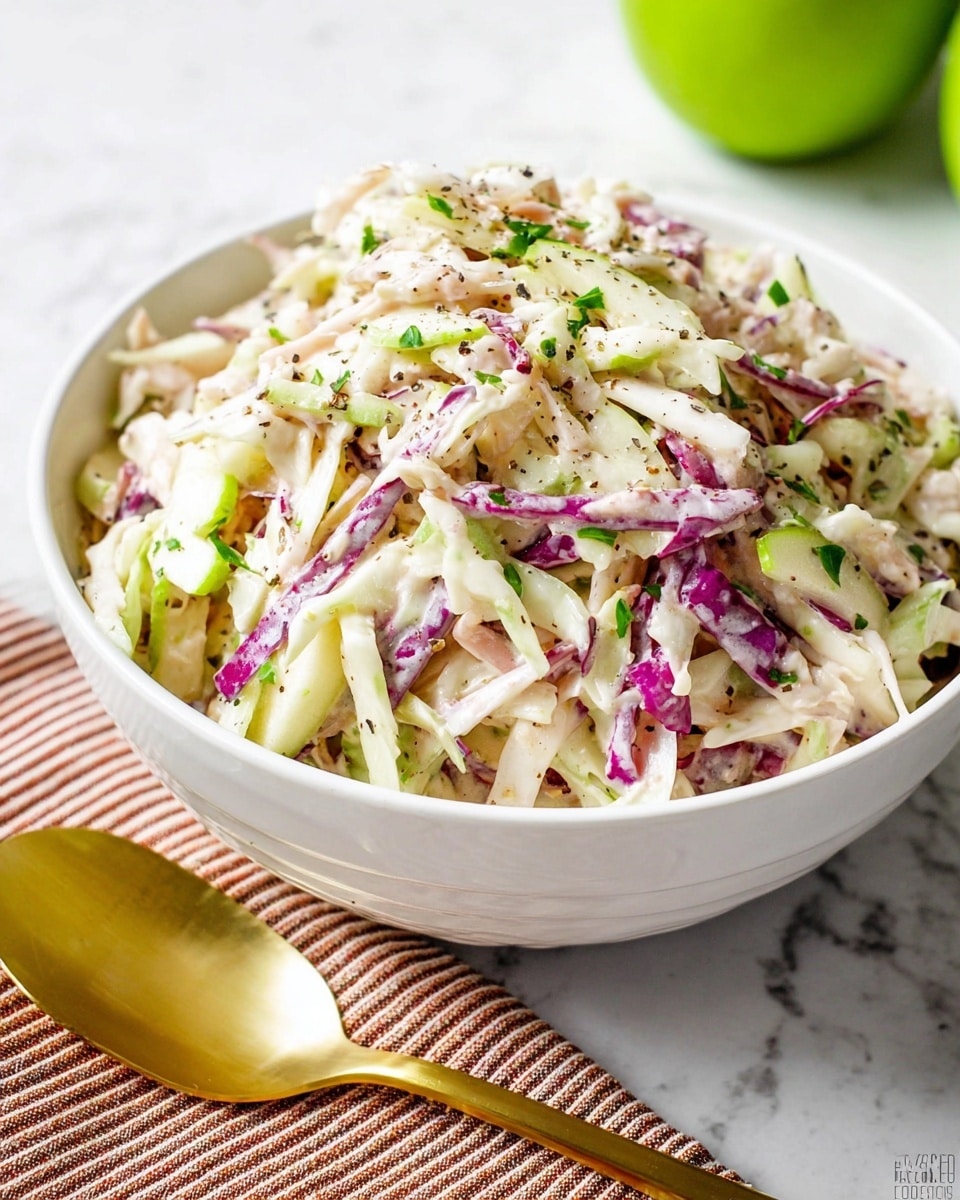 A white bowl filled with a creamy coleslaw consisting of thin, mixed layers of white cabbage, green apple slices, and purple cabbage, all coated with a light dressing. Small green onion pieces and black pepper flakes are scattered on top as garnish. The bowl rests on a white marbled surface with a green apple visible faintly in the background and a gold spoon beside it. photo taken with an iphone --ar 4:5 --v 7