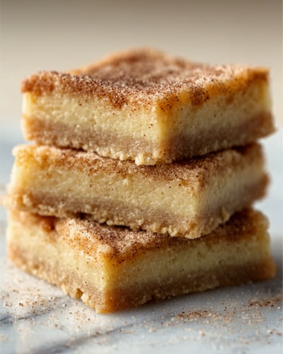 The image shows three square pieces of a light golden-brown dessert stacked on top of each other with crumbly and slightly grainy textures visible in each layer. The top surface has a sprinkling of cinnamon or similar powder in a thin layer, adding a warm brown color and a rough texture. The middle layer looks soft and moist, with a pale yellow tone, suggesting a buttery or cake-like consistency. The bottom layer is slightly denser and darker, forming a firm base. The pieces are set on a white marbled texture, creating a clean and bright background. photo taken with an iphone --ar 4:5 --v 7