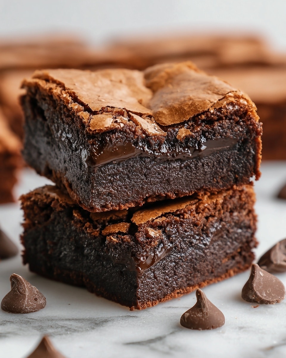 Three thick, square chocolate chip brownies are stacked on top of each other against a dark background. Each brownie has a rich, dark brown interior with a slightly crumbly texture and is dotted with melted chocolate chips throughout. The top layer is lighter brown with a more crumbly surface, also generously sprinkled with semi-sweet chocolate chips. The stack sits on a brown surface with a blurred piece of brownie in the background. photo taken with an iphone --ar 4:5 --v 7