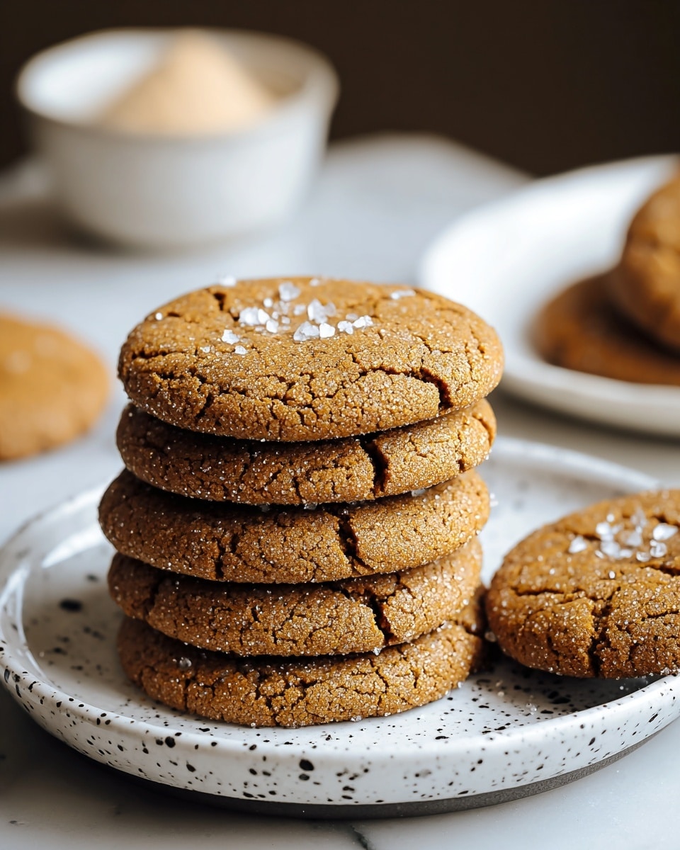 A stack of five golden-brown cookies with a cracked texture is placed on a white plate with black speckles. The cookies are sprinkled with coarse sugar or salt crystals, adding a shiny detail on top. The plate sits on a white marbled surface, and in the blurred background, there is another white plate with a single cookie and a white bowl with a light-colored powder. The overall lighting is warm, making the cookies look soft and fresh. photo taken with an iphone --ar 4:5 --v 7