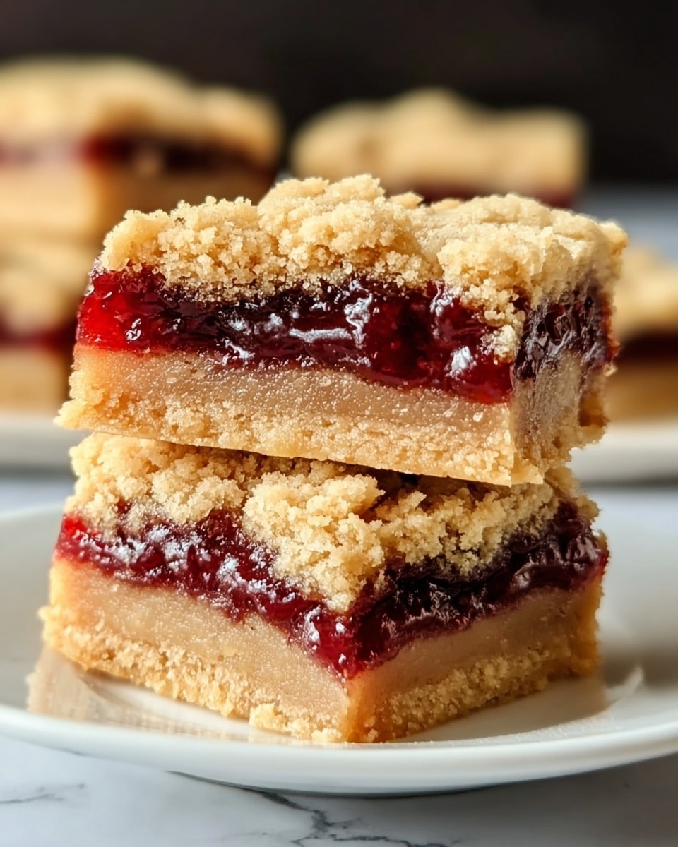 Two square-shaped bars are stacked on a white plate placed on a white marbled texture. Each bar shows three layers: a top and bottom layer in light brown, crumbly dough with a slightly rough texture, and a middle layer of glossy, deep red jam that looks thick and fruity. The edges of the bars are crumbly, and the jam layer is slightly oozing at the sides. The background is softly blurred, keeping the focus on the bars. photo taken with an iphone --ar 4:5 --v 7