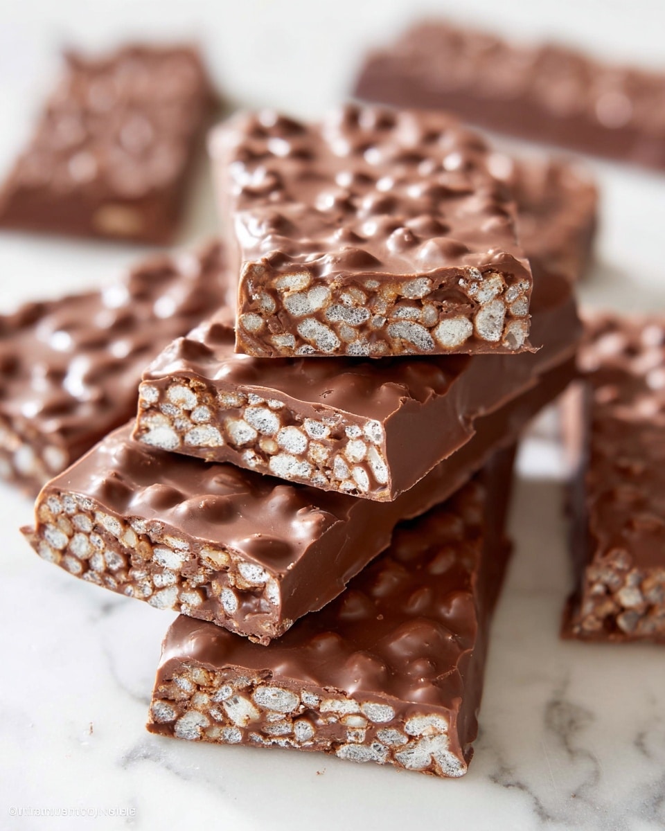 The image shows several rectangular chocolate bars mixed with puffed rice. Each bar has two visible layers: a thick, smooth, and glossy milk chocolate layer on top with small bumps from the puffed rice, and a textured inner layer full of white puffed rice grains evenly spread inside the chocolate. The bars are stacked in the center on a white marbled surface, with one bar slightly leaning on another. More bars are scattered around, some partially visible, showing the same chocolate and puffed rice texture. The lighting highlights the glossy, rich brown color of the chocolate and the light contrast of the puffed rice. Photo taken with an iphone --ar 4:5 --v 7