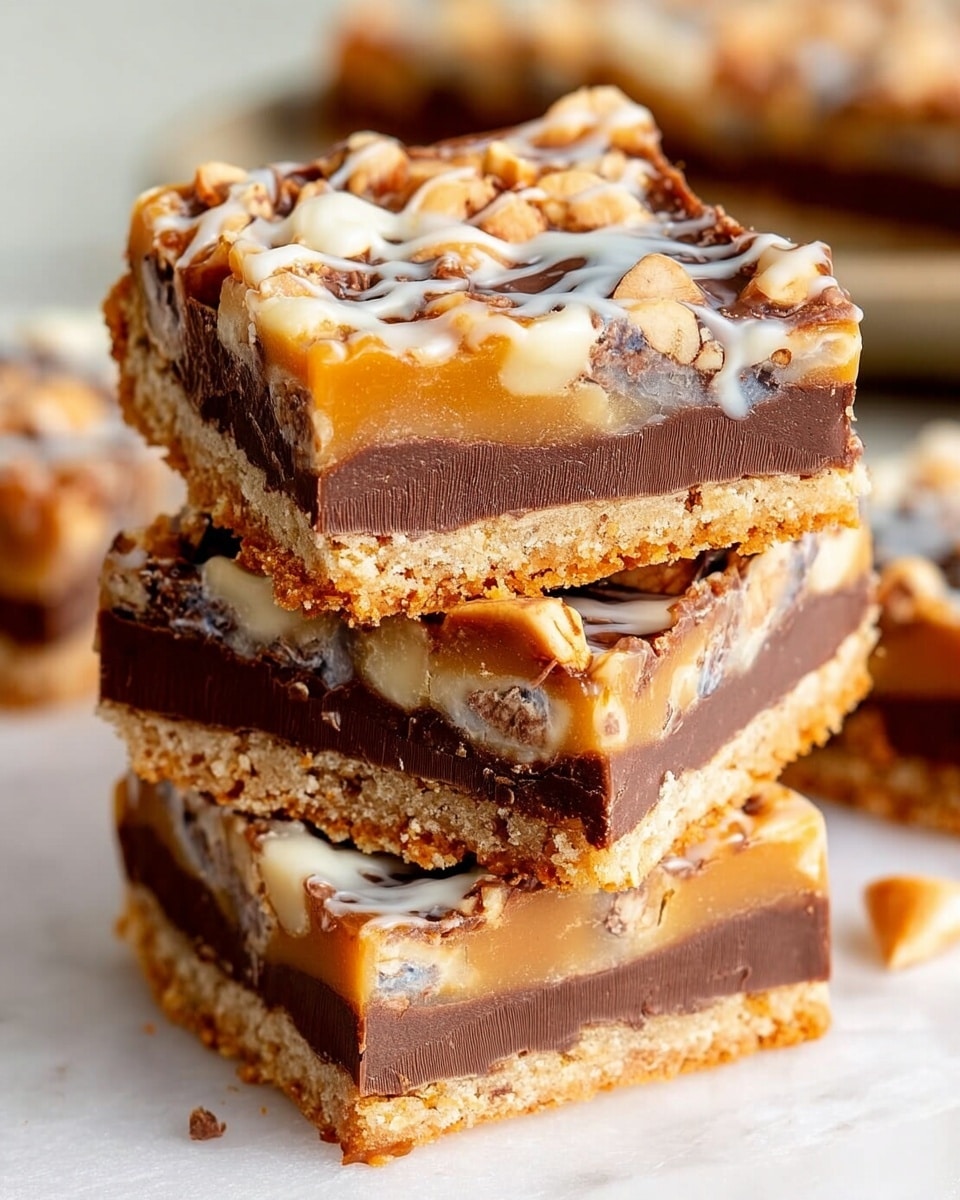 The image shows a stack of three thick dessert bars placed on a white marbled surface. Each bar has three visible layers: the bottom layer is a crumbly, light brown crust; the middle layer is a dense, smooth dark chocolate filling; the top layer is a creamy caramel and white drizzle mixed with whole nuts scattered evenly, giving a glossy texture. The bars are cut into squares and stacked irregularly, highlighting the layers and texture details. Photo taken with an iphone --ar 4:5 --v 7