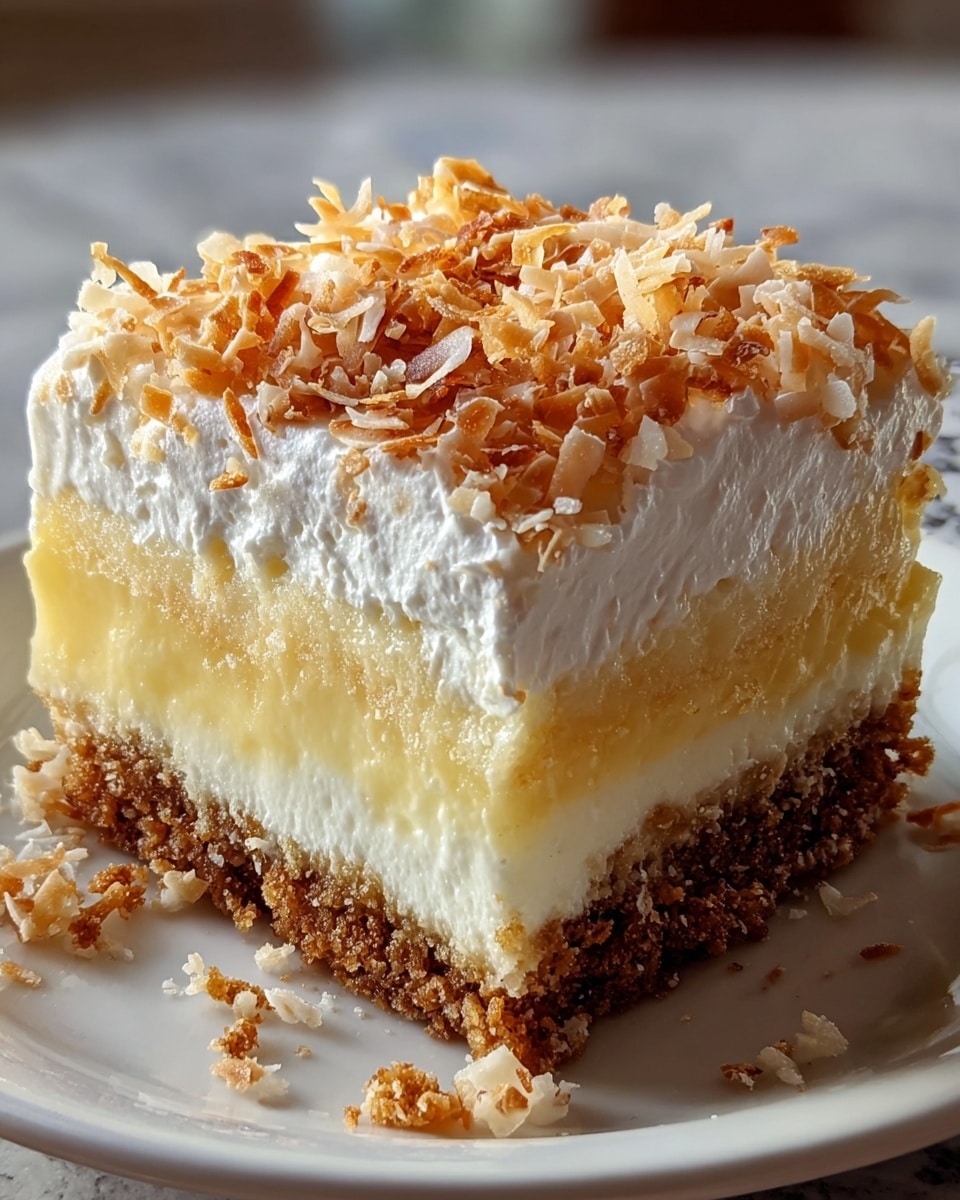 A close-up of a square slice of layered dessert on a white plate, placed on a white marbled texture surface. The dessert has four layers: a bottom thick crumbly brown crust, a thick creamy pale yellow layer above it, then a slightly thinner bright white creamy layer, and on top a fluffy white whipped cream layer. The top is sprinkled with golden brown toasted flakes, giving a crunchy texture. Some crumbs and flakes are scattered on the plate near the dessert. Photo taken with an iphone --ar 4:5 --v 7