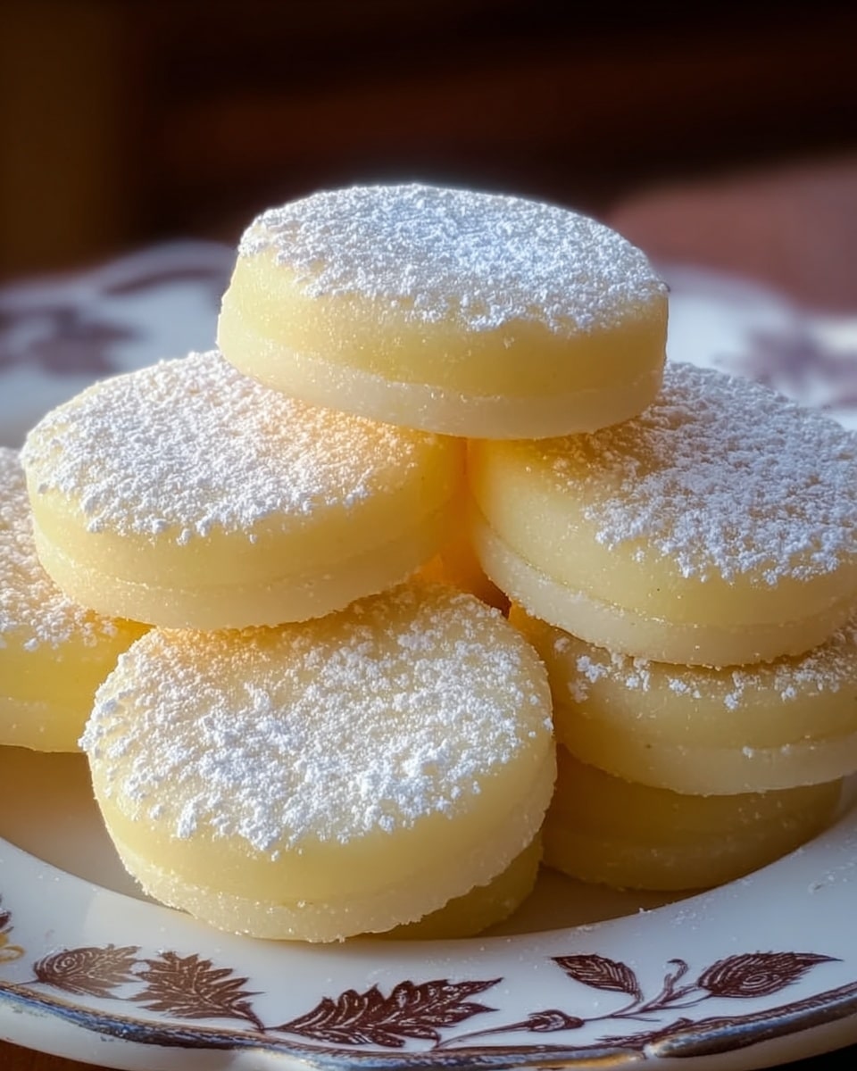 The image shows a close-up of a stack of round, pale yellow sweets dusted with white powder on top, arranged on a white plate with brown floral patterns. Each sweet appears smooth and slightly shiny on the top surface with a soft texture, and they are stacked in a loose pile with some sweets partially overlapping each other. The sweets have two thin layers visible from the side, with a pale yellow top and bottom and a slightly crumbly white base. The background is softly blurred, focusing attention on the sweets. The photo taken with an iphone --ar 4:5 --v 7