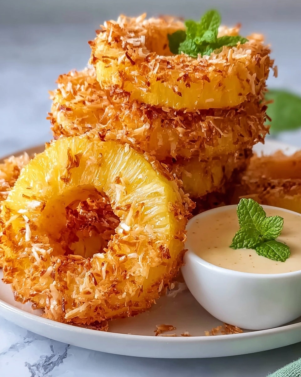 The image shows several golden-brown coconut-coated pineapple rings stacked on a white plate on a white marbled surface. Each ring is thick, with a bright yellow core surrounded by crispy, toasted shredded coconut that adds texture and a slightly darker brownish color at the edges. Next to the stack is a small white cup filled with creamy, light beige dipping sauce, topped with a fresh green mint leaf. The scene captures close-up details of the pineapple rings' juicy, fibrous texture and crunchy coconut coating. Photo taken with an iphone --ar 4:5 --v 7