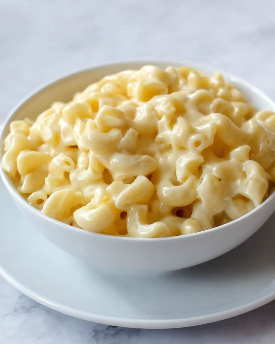 A close-up view of creamy macaroni and cheese served in a white bowl placed on a white plate, both set on a white marbled textured surface. The dish has one thick layer of elbow macaroni pasta covered with a smooth, shiny, light yellow cheese sauce that looks soft and rich, filling the bowl almost to the top, with some macaroni slightly overlapping the edges. The background is softly blurred to keep focus on the vibrant pasta. Photo taken with an iphone --ar 4:5 --v 7