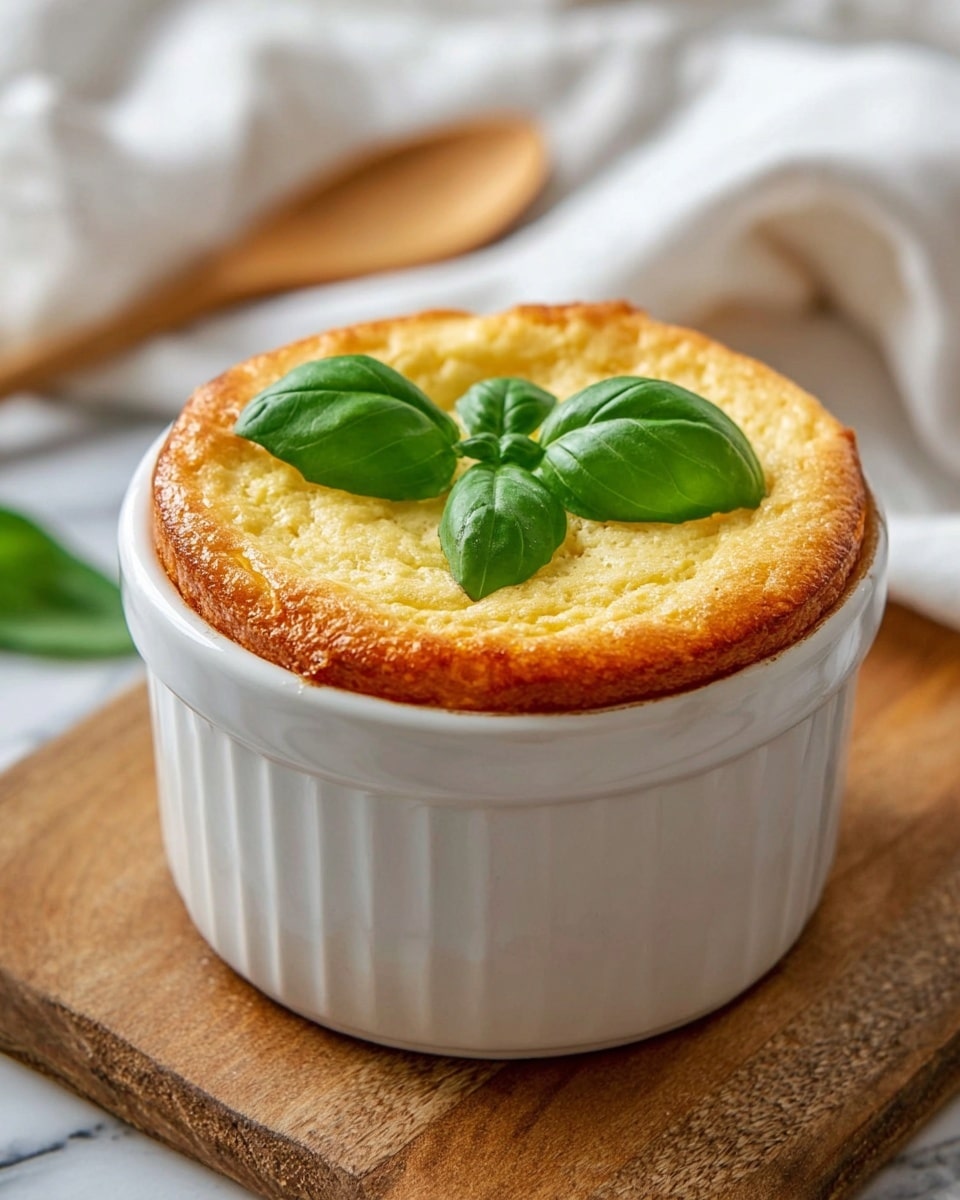 A golden-brown souffle with a slightly crisp, textured top layer fills a white ceramic ramekin, slightly puffed above the rim. On top, there are three fresh, vibrant green basil leaves arranged in a small cluster, contrasting with the warm color of the souffle. The ramekin is placed on a rustic wooden surface with a soft white marbled texture visible behind it, along with a blurred white cloth and a wooden spoon in the background. photo taken with an iphone --ar 4:5 --v 7