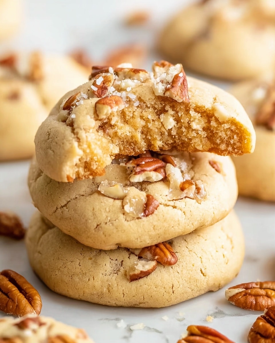 The image shows two soft, light brown cookies stacked on top of each other on a white marbled surface. The top cookie has a bite taken out of it, revealing a crumbly, moist inside with a golden-brown color. Each cookie is sprinkled with pieces of pecans, which are light tan with darker brown edges, scattered mostly on the surface and giving a textured look. Additional cookies and pecan pieces are slightly blurred in the background, adding depth to the image. The overall scene has a warm, inviting feel. photo taken with an iphone --ar 4:5 --v 7