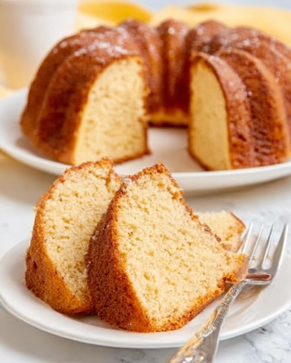 The image shows a round bundt cake with a golden brown crust sitting on a white plate on a white marbled surface. Three slices of the cake are placed on a smaller white plate in the foreground, showing the inside texture, which is light and slightly crumbly with a beige color. The top of the bundt cake has a smooth, slightly shiny crust, while the slices reveal a soft, dense interior. There is a fork next to the slices, indicating the cake is ready to be eaten. Photo taken with an iphone --ar 4:5 --v 7