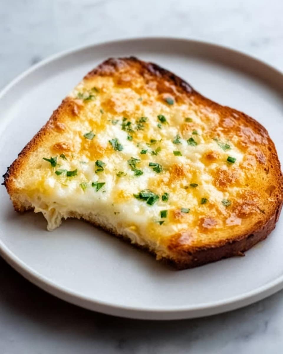 A white plate holds a single slice of toasted bread with golden-brown edges, topped with melted cheese that is creamy white with spots of light golden brown where it has browned from baking. Small green herb pieces are sprinkled evenly on top, adding a pop of color against the melted cheese. The toast’s surface looks slightly crispy, with a soft inside visible at the bitten corner. The plate rests on a white marbled textured surface. photo taken with an iphone --ar 4:5 --v 7