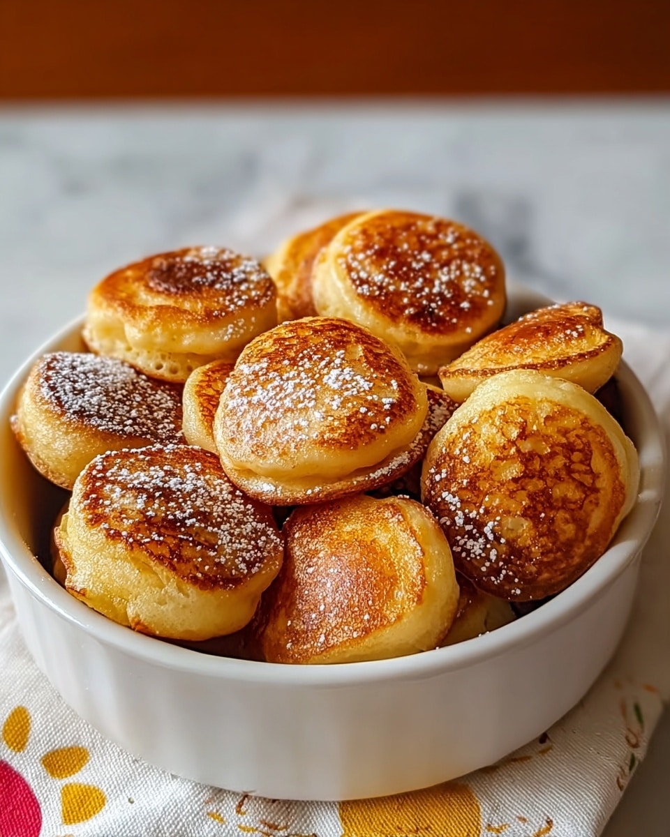 A white round ceramic dish filled with about a dozen golden brown, round mini pancakes with a slightly crisp surface, some showing a light, fluffy texture on the sides. The pancakes are dusted lightly with powdered sugar, giving a soft white contrast against the warm brown color. The dish sits on a white marbled surface with a cloth napkin partially underneath, featuring a simple pattern with yellow and red designs. The background is softly blurred with warm tones. Photo taken with an iphone --ar 4:5 --v 7
