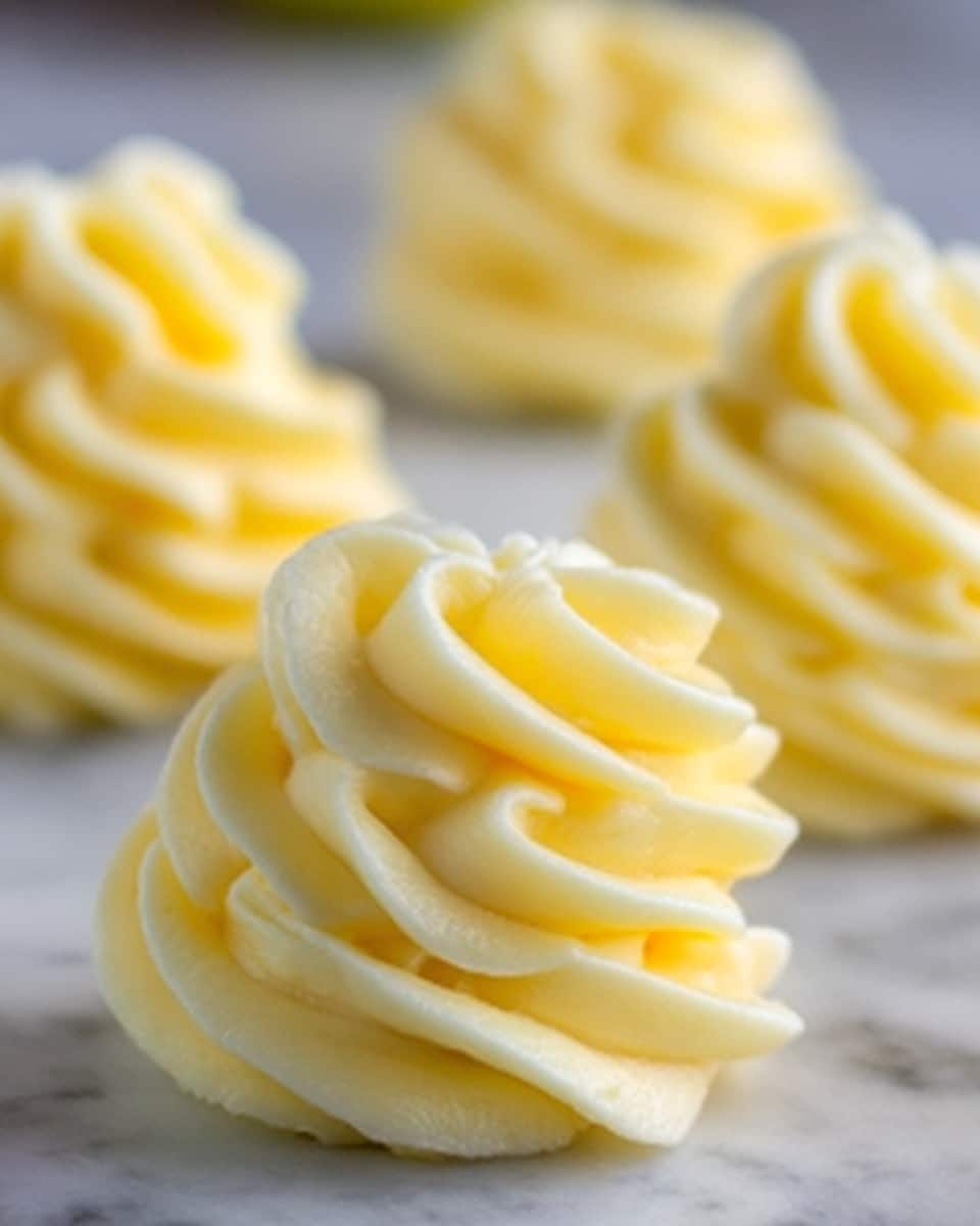 The image shows a close-up of a small, single-layer swirl of smooth, yellow butter sitting on a white marbled surface. The butter is piped in a tight spiral with soft curves and a silky texture, resembling a flower shape. In the background, several similar butter swirls appear slightly out of focus, adding depth to the composition. The lighting highlights the creamy richness and soft details of the butter, creating a fresh and appetizing look. Photo taken with an iphone --ar 4:5 --v 7