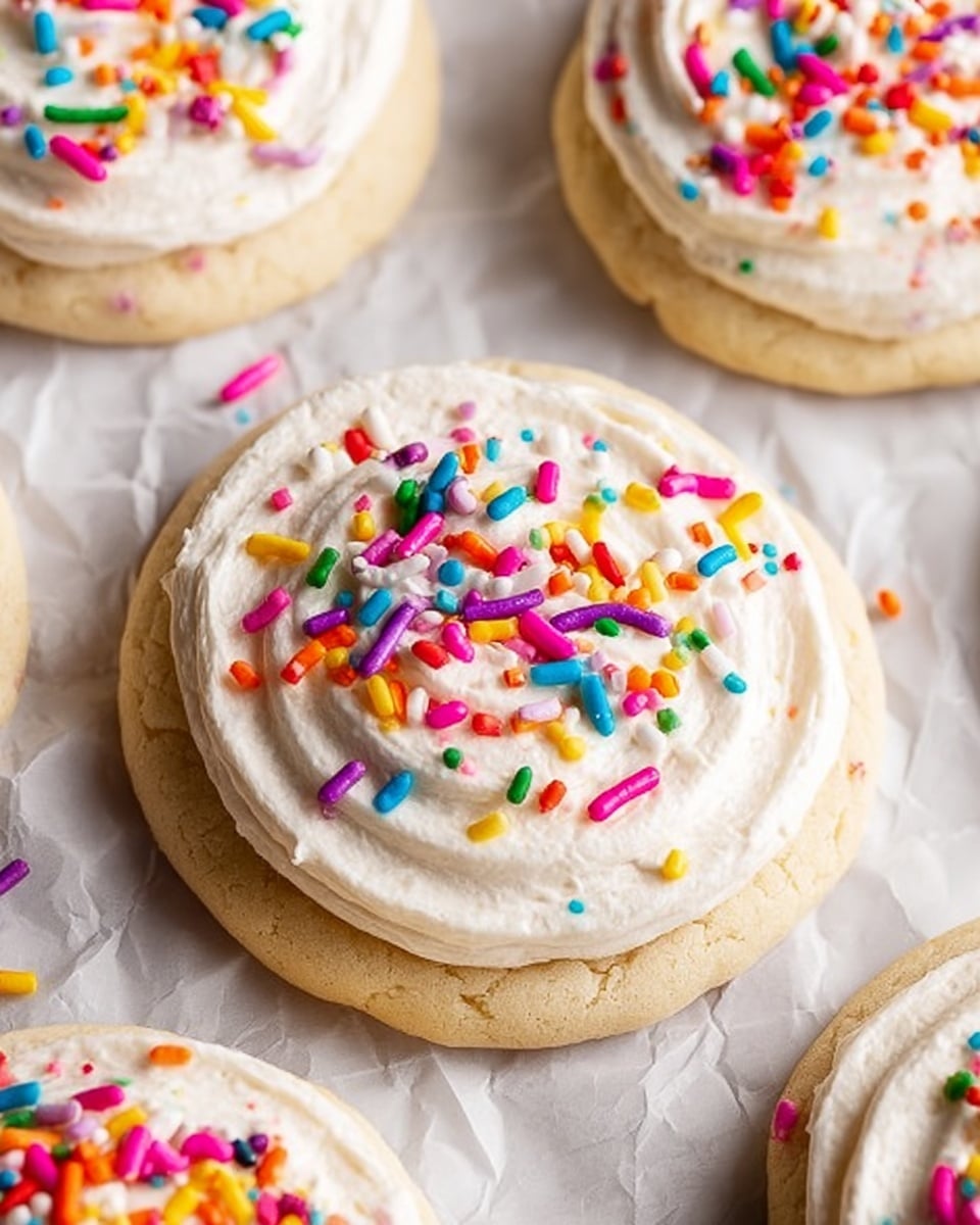 A close-up view of soft sugar cookies each topped with one thick layer of white, creamy frosting. The frosting has a smooth and slightly swirled texture, with colorful small cylindrical sprinkles scattered over it in colors like pink, orange, green, purple, blue, yellow, and red. The cookies are light beige and slightly round with a soft, crumbly texture. They are placed close to each other on a white marbled surface covered with a sheet of parchment paper. Small sprinkles are also scattered around the cookies. photo taken with an iphone --ar 4:5 --v 7