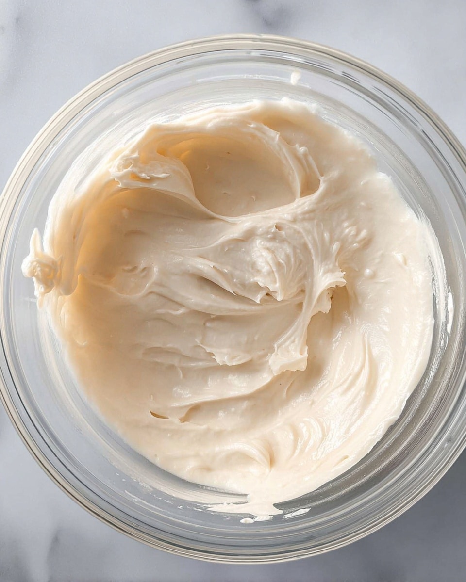 The image shows a close-up top view of a clear glass bowl filled with smooth, creamy, off-white frosting or whipped cream. The texture is soft and fluffy with visible swirls and peaks, giving it a rich and airy appearance. The inside of the bowl shows some light smudges of the cream where it has been mixed or scooped. The background features a white marbled texture. Photo taken with an iphone --ar 4:5 --v 7
