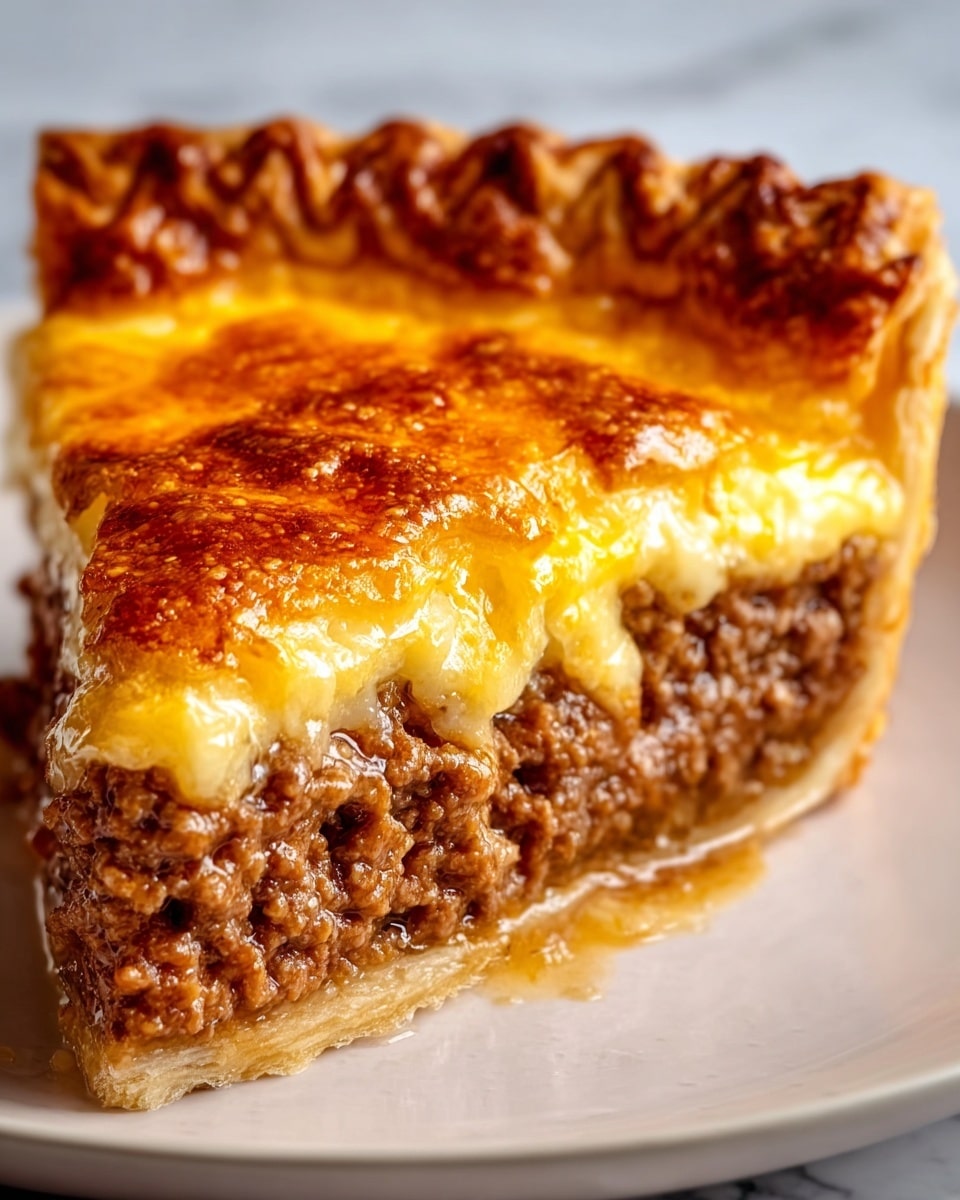 A close-up of a single slice of meat pie on a white plate, showing three clear layers: at the bottom, a light golden, flaky pastry crust; in the middle, a thick layer of finely ground cooked meat, brown and crumbly in texture; and on top, a rich, glossy, golden-brown baked cheese layer that looks melted and slightly bubbly, with some cheese oozing slightly over the meat. The edge of the pie crust is thick and crimped, golden in color with a crunchy texture. The background is a white marbled texture. photo taken with an iphone --ar 4:5 --v 7