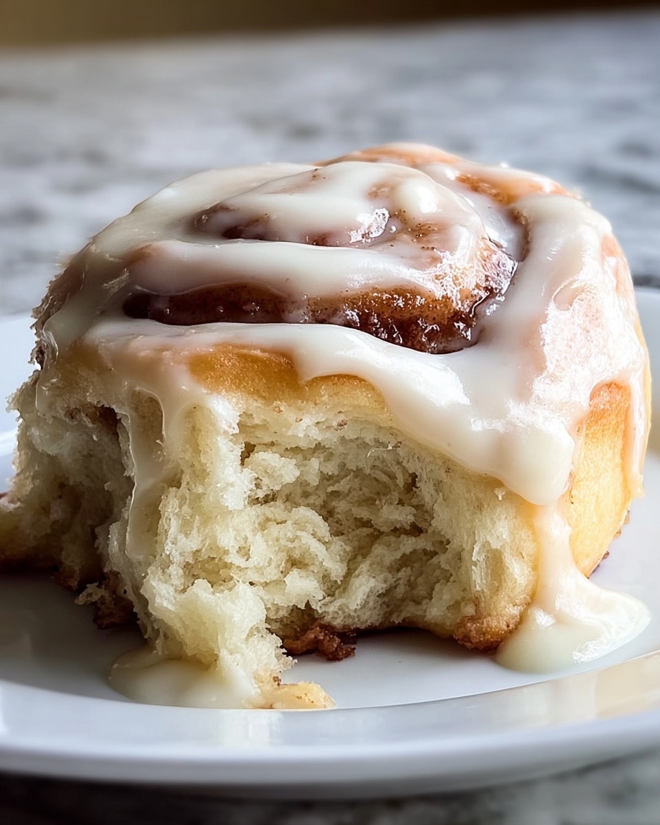 A close-up of a single cinnamon roll on a white plate, showing soft, fluffy layers of light golden dough spiraled with a light brown cinnamon sugar filling. The top is covered with a thick, creamy white icing that drips slightly over the sides and pools on the plate. The texture of the dough looks airy and moist, and the cinnamon filling shows a glossy, caramelized sheen. The background is a white marbled texture with soft natural light. Photo taken with an iphone --ar 4:5 --v 7