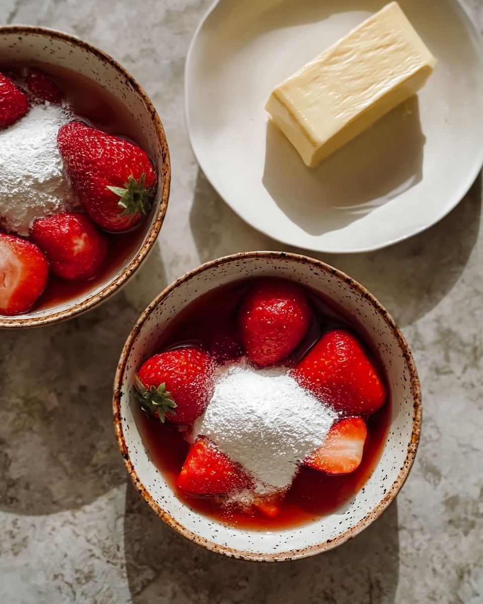 The image shows two white bowls with a speckled pattern and brown rims, each containing a layer of reddish liquid at the bottom, topped with bright red whole and halved strawberries, and a white powder piled in two mounds. Above these bowls, there is a white plate with a block of pale yellow butter with a textured top. The setting is against a white marbled texture surface, giving a simple and clean look. photo taken with an iphone --ar 4:5 --v 7
