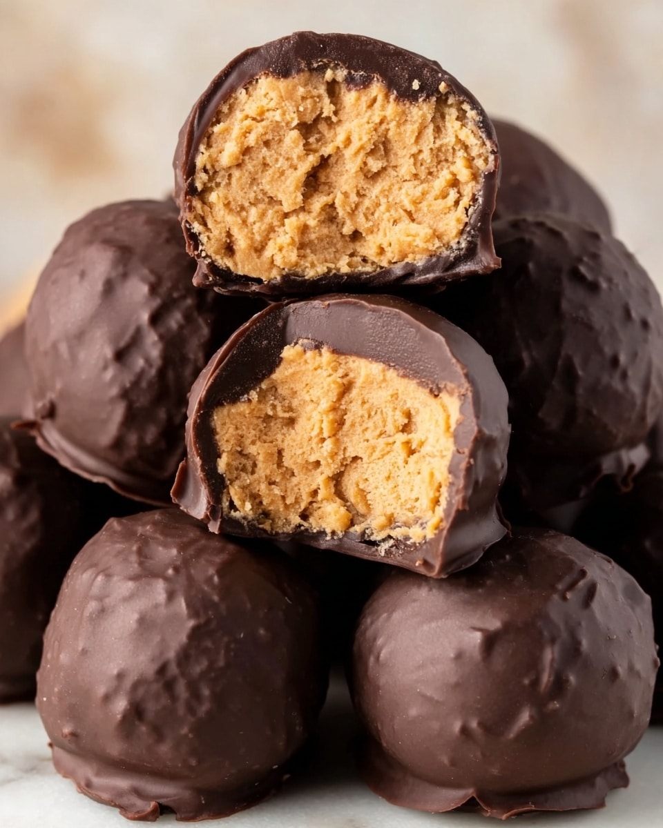 A close-up image of several round chocolate-covered peanut butter balls stacked together on a white marbled surface. One peanut butter ball is cut in half and placed on top of the stack, showing a thick outer layer of smooth, dark chocolate with a glossy finish. Inside, the peanut butter filling is light tan with a slightly crumbly and textured look, filling the entire inside of the ball evenly. The chocolate coating is smooth and shiny, with a few small bumps from the chocolate setting. photo taken with an iphone --ar 4:5 --v 7