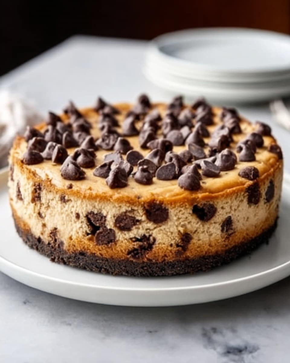 A round cheesecake with a light brown top filled with many dark chocolate chips, some slightly melting. The cheesecake has two layers: the bottom is a dark brown crust with a crumbly texture, and the upper layer is creamy, light brown with scattered chocolate chips inside and on the surface. It sits on a white plate on a white marbled surface, with blurred kitchen items in the background. Photo taken with an iphone --ar 4:5 --v 7