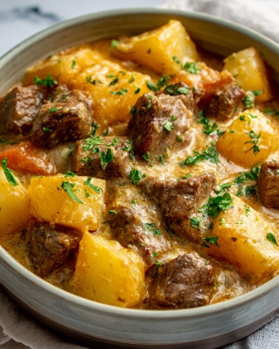 This image shows a close-up of a white bowl filled with hearty stew, placed on a white marbled surface. The dish has a chunky texture with three main layers visible: at the bottom, tender brown pieces of cooked beef, on top of that, large yellowish-brown potato cubes, and the whole dish is coated in a thick, creamy light brown sauce sprinkled with small green parsley leaves. The bowl is deep and round, with the food slightly overflowing at the edges. The lighting is natural, highlighting the glossy sauce and the soft texture of the ingredients, photo taken with an iphone --ar 4:5 --v 7